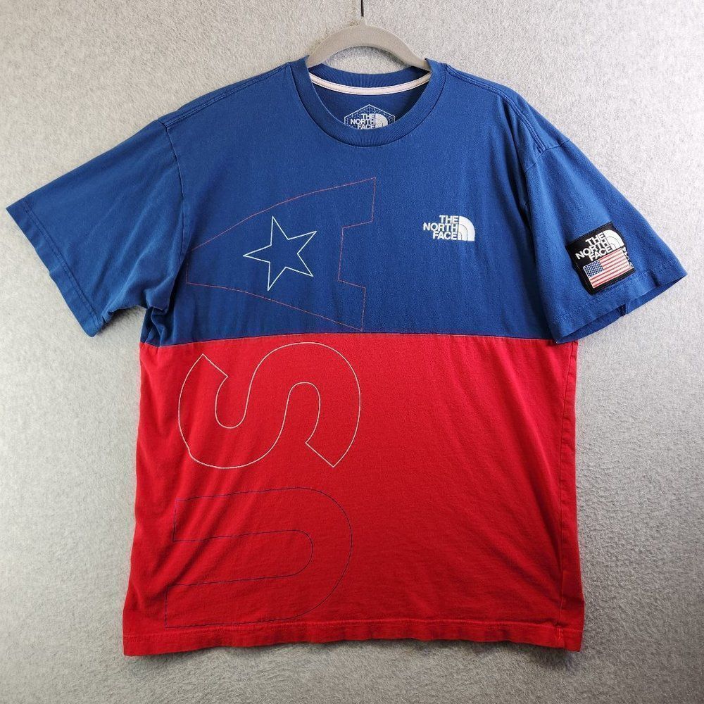 Vintage The North Face Blue and Red Short Sleeve Graphic Tee